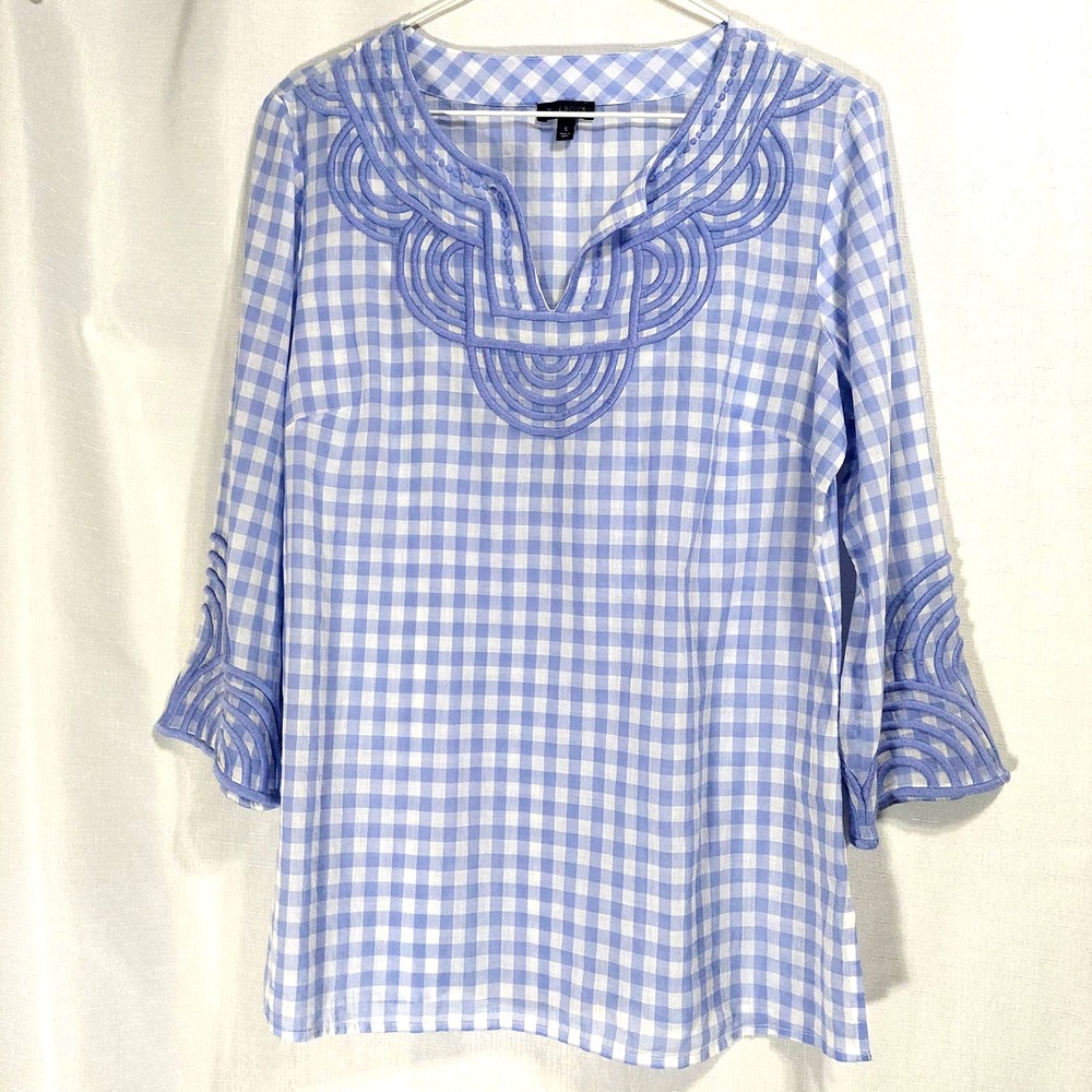 Talbots Blouse Womens Small Embroidery Popover 3/4 Sleeve Lightweight "Tiny Flaw